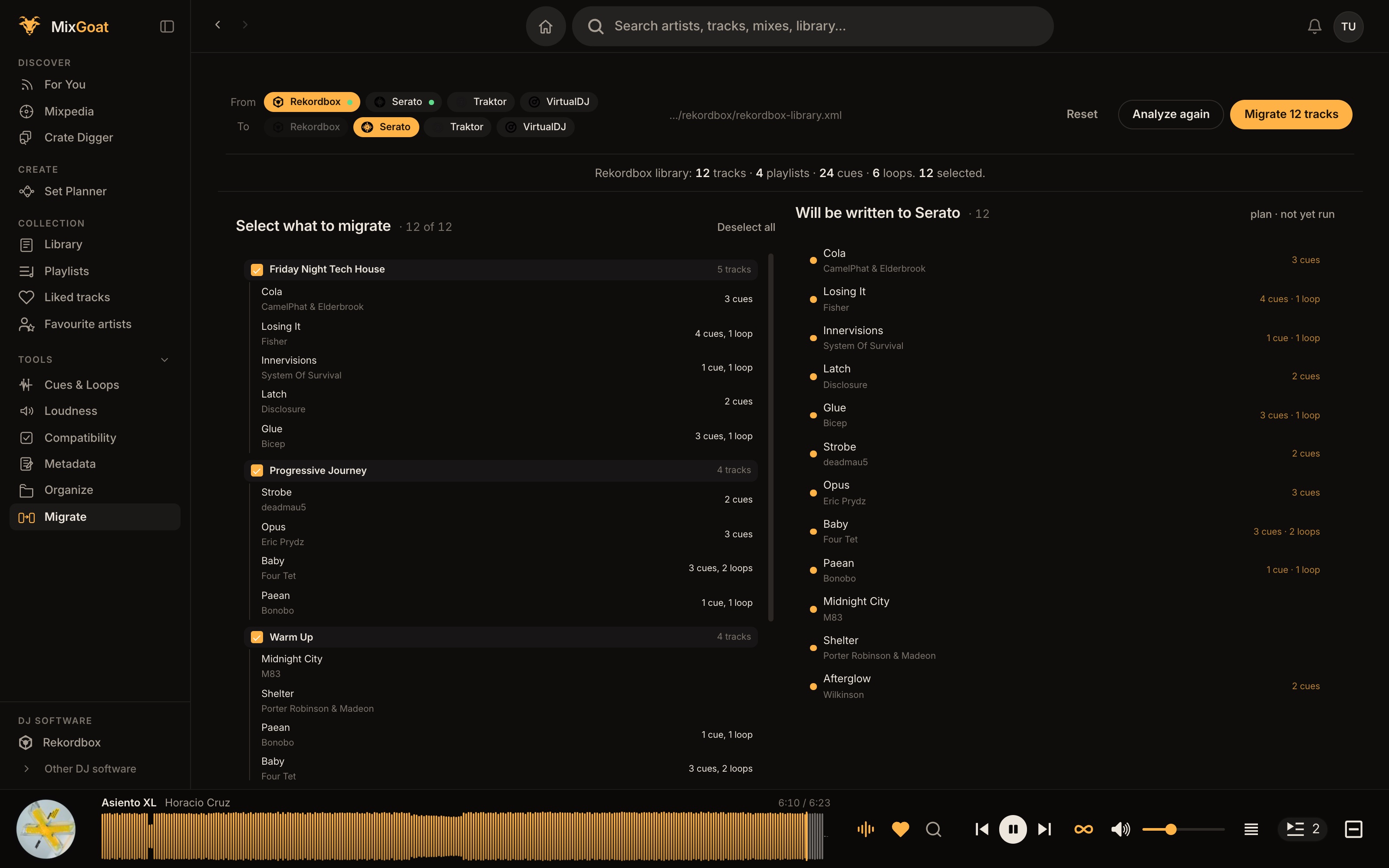 Migrate: a Rekordbox library with its cues and loops, ready to write to Serato